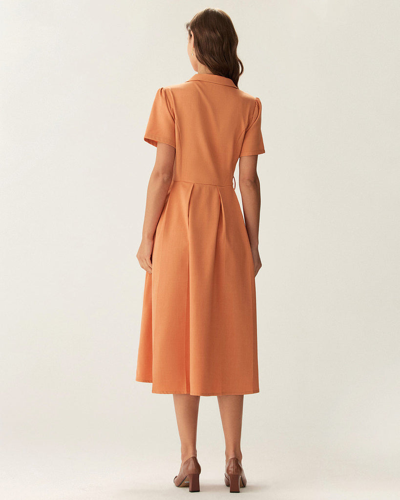 Orange V Neck Pleated Button Midi Dress