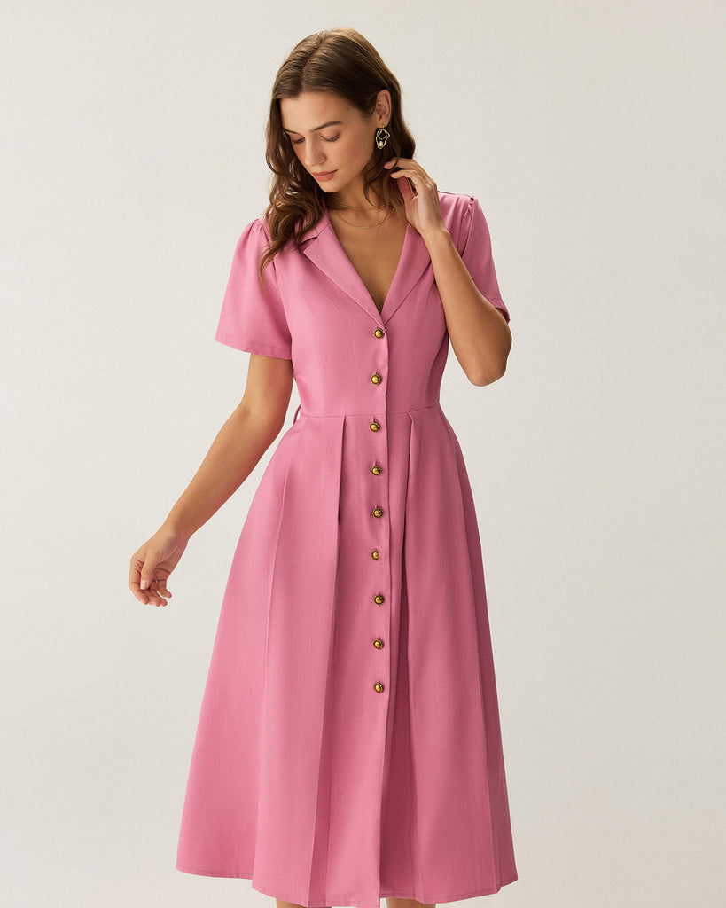 Rose Red V-Neck Button Midi Dress