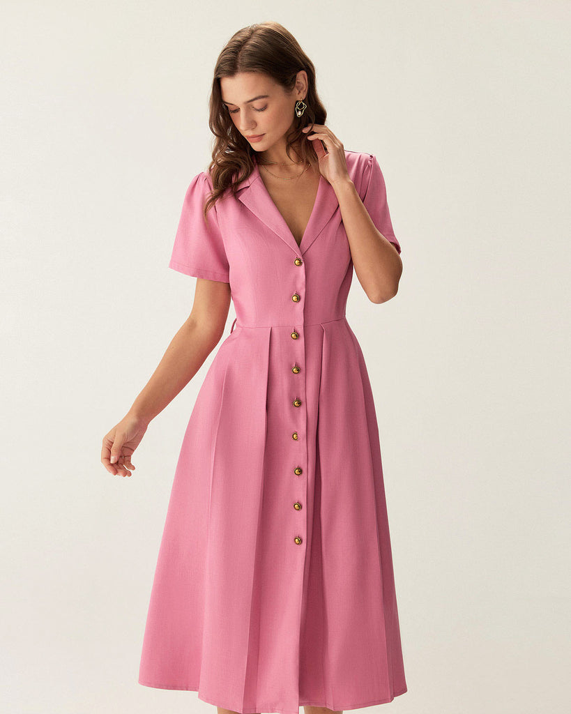 Rose Red V-Neck Button Midi Dress