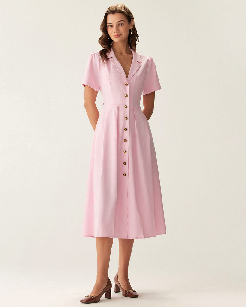 Pink V Neck Pleated Button Midi Dress