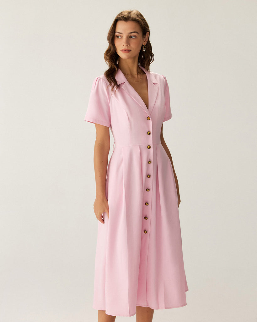 Pink V Neck Pleated Button Midi Dress