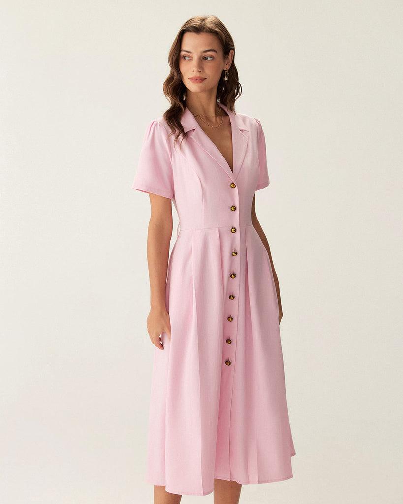 Pink V Neck Pleated Button Midi Dress