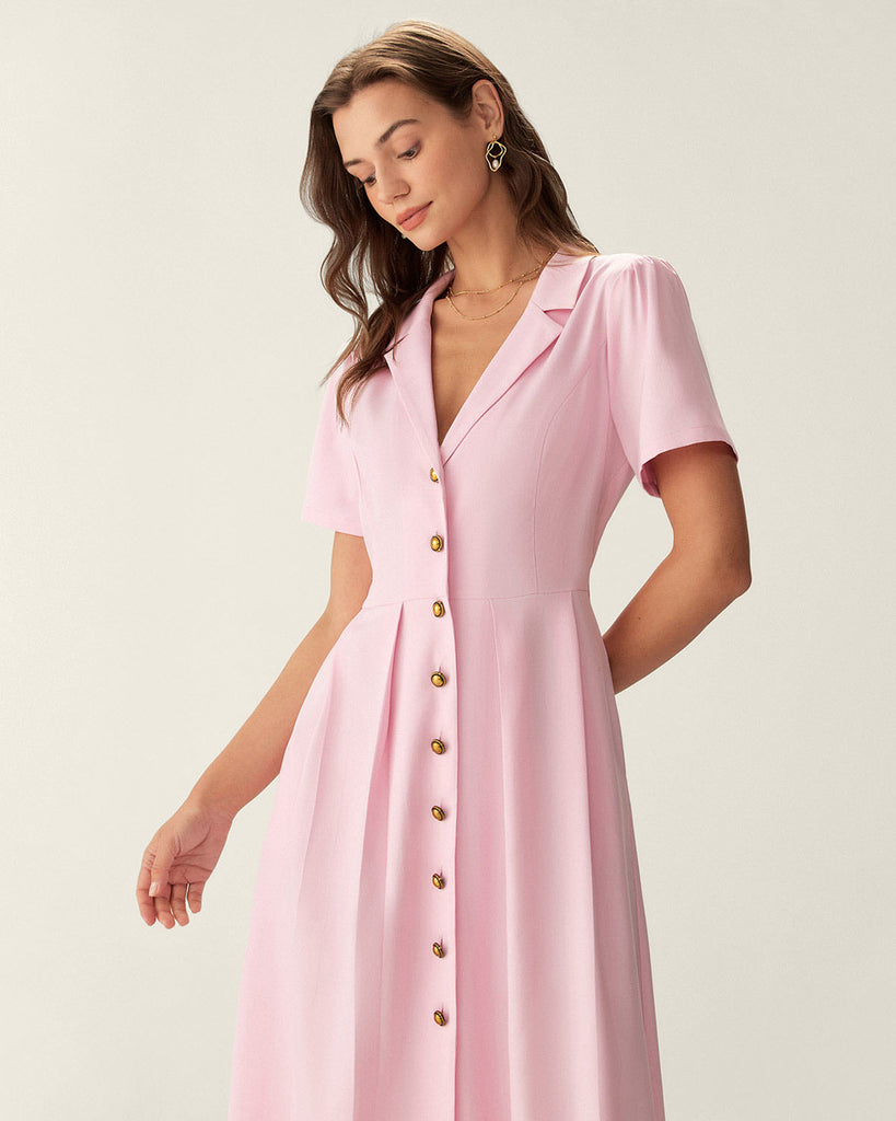 Pink V Neck Pleated Button Midi Dress