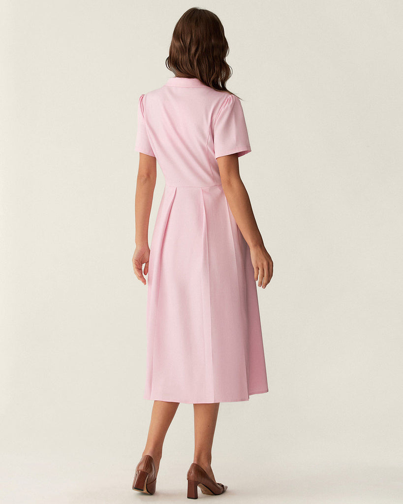 Pink V Neck Pleated Button Midi Dress