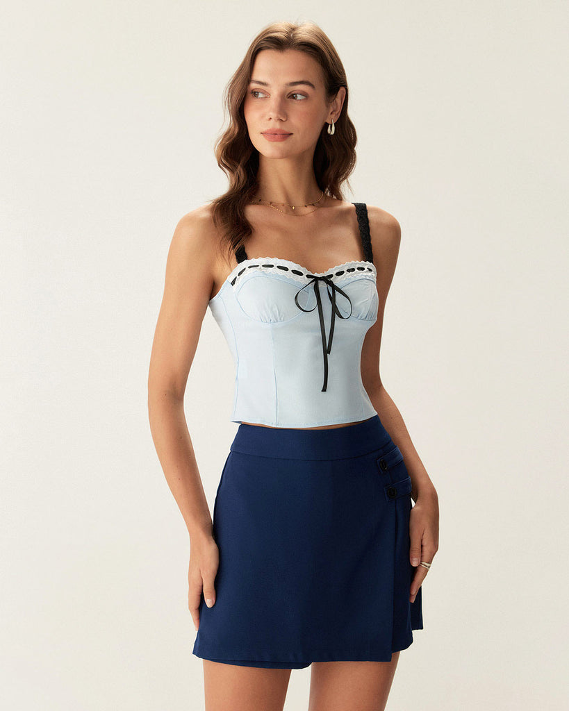 Blue Sweetheart Neck Crop Cami Top