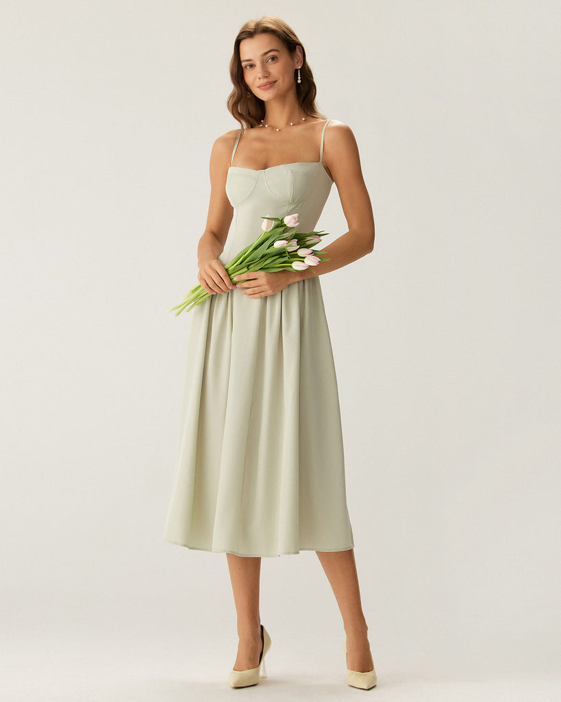 Green Square Neck Pocket Slip Midi Dress