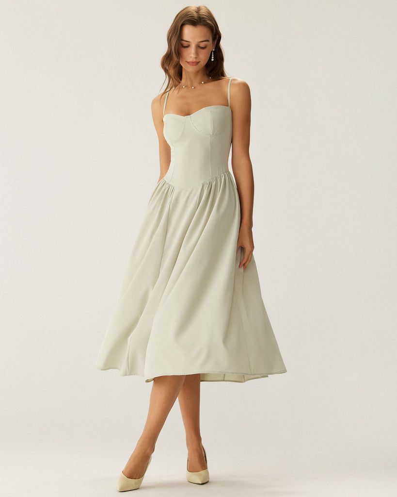 Green Square Neck Pocket Slip Midi Dress