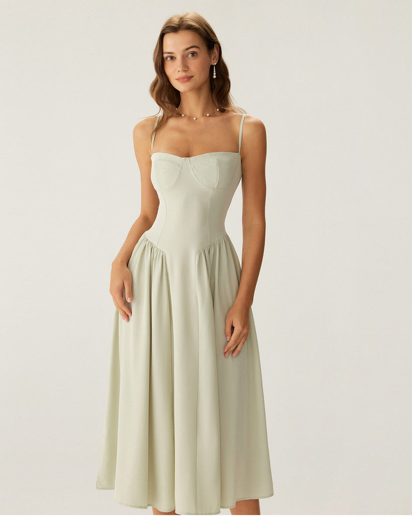 Green Square Neck Pocket Slip Midi Dress