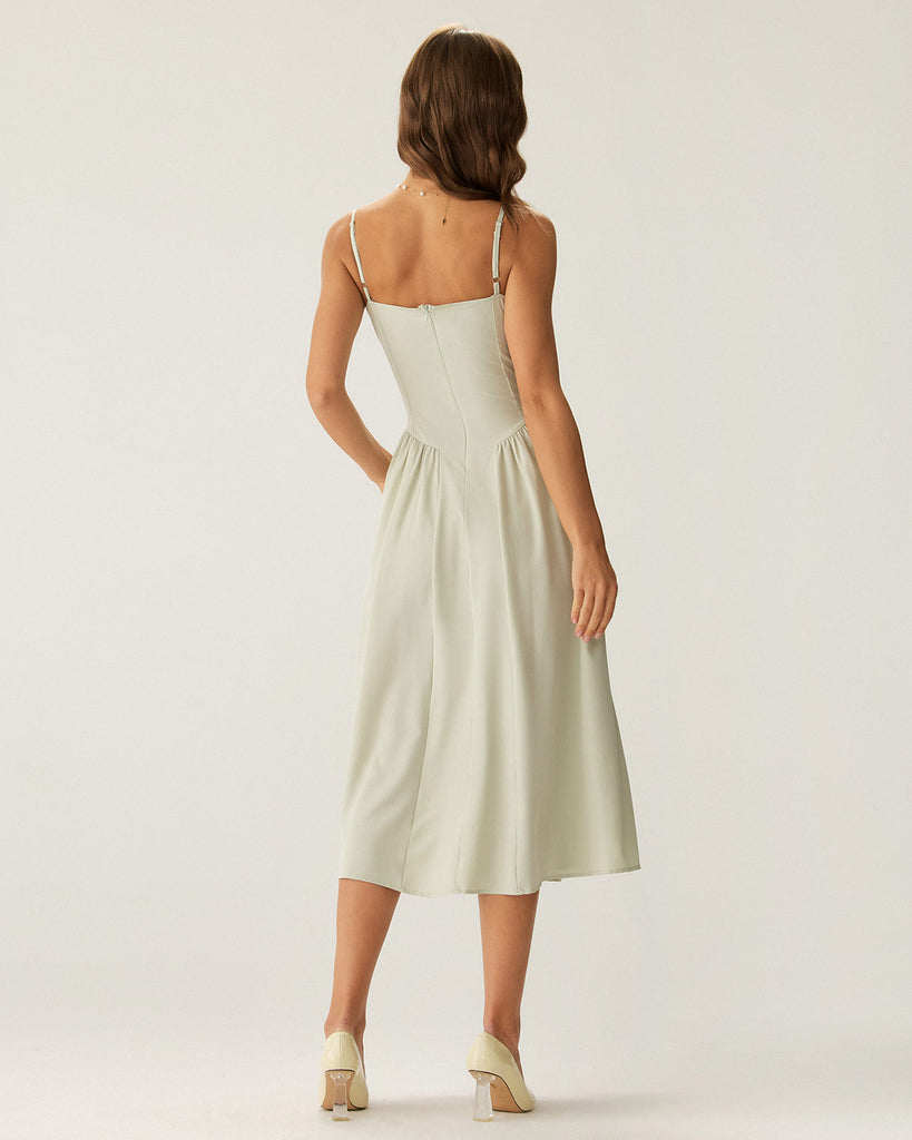 Green Square Neck Pocket Slip Midi Dress