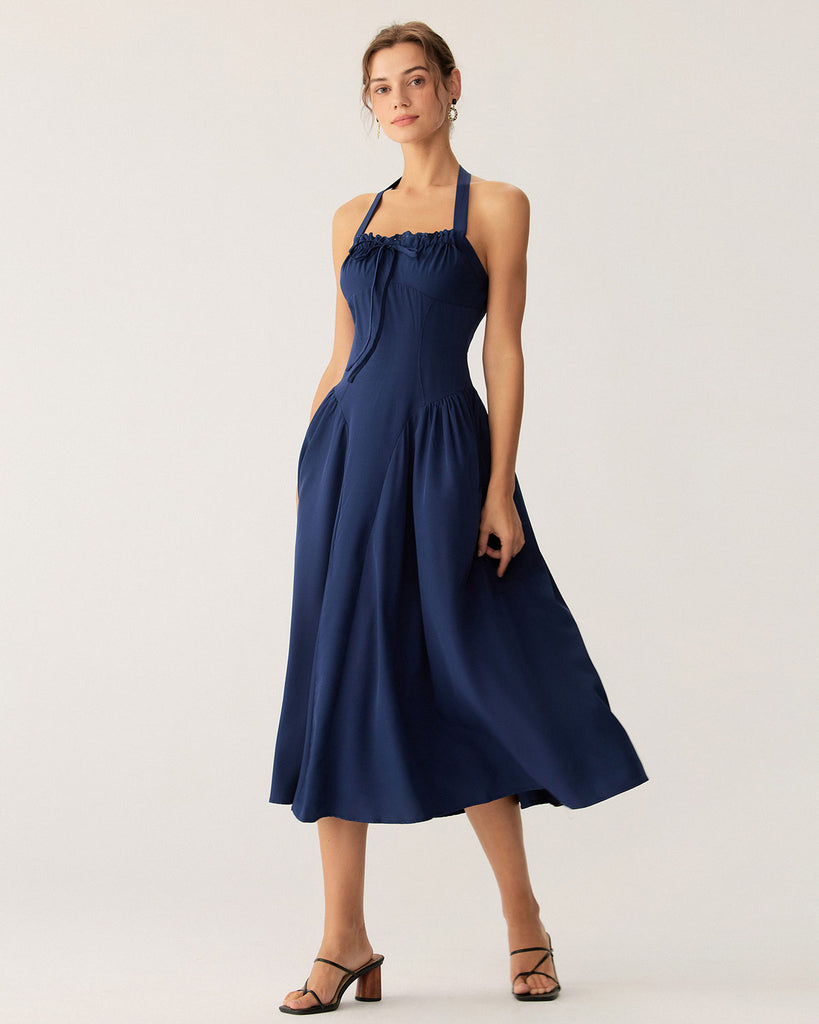 Navy Ruched Halter Midi Dress