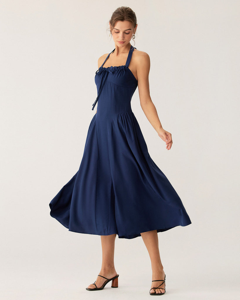 Navy Ruched Halter Midi Dress