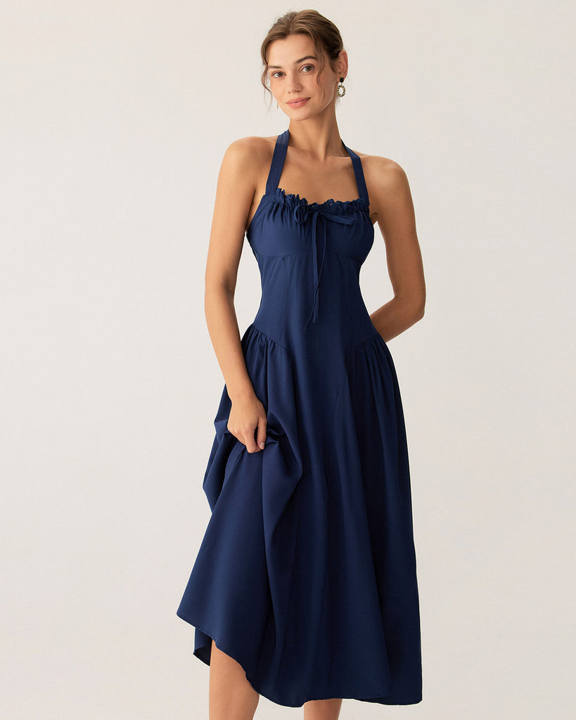 Navy Ruched Halter Midi Dress