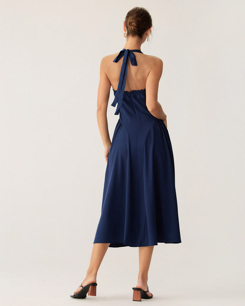 Navy Ruched Halter Midi Dress