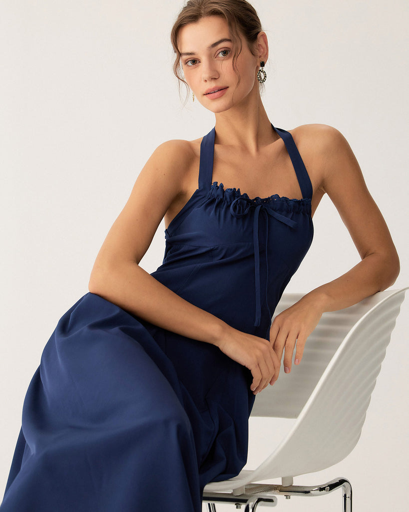 Navy Ruched Halter Midi Dress