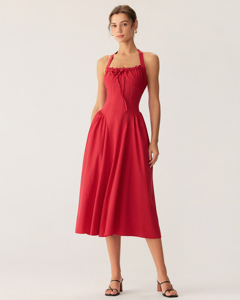 Red Ruched Halter Midi Dress