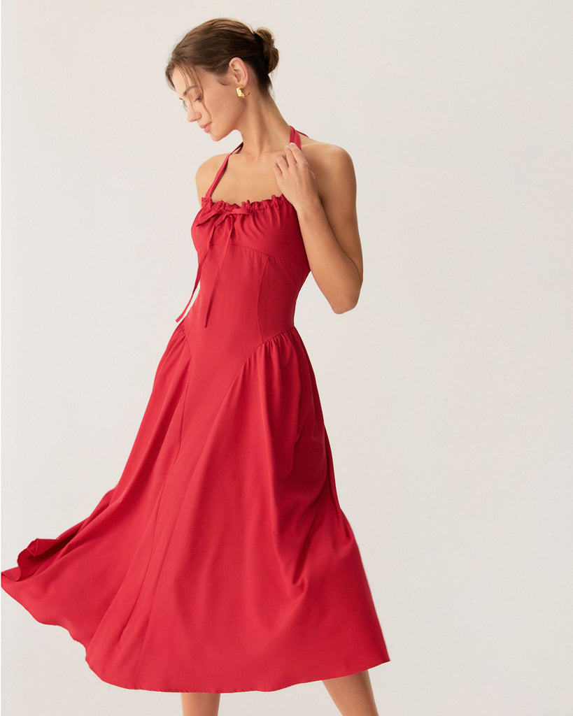 Red Ruched Halter Midi Dress