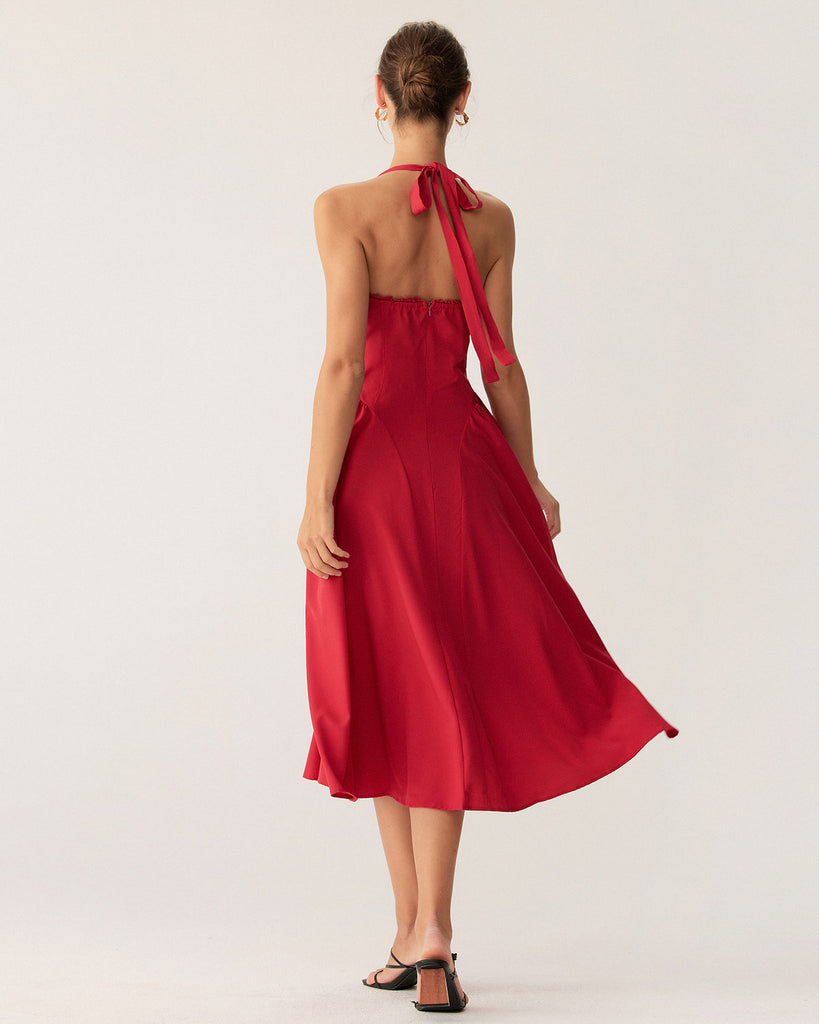 Red Ruched Halter Midi Dress