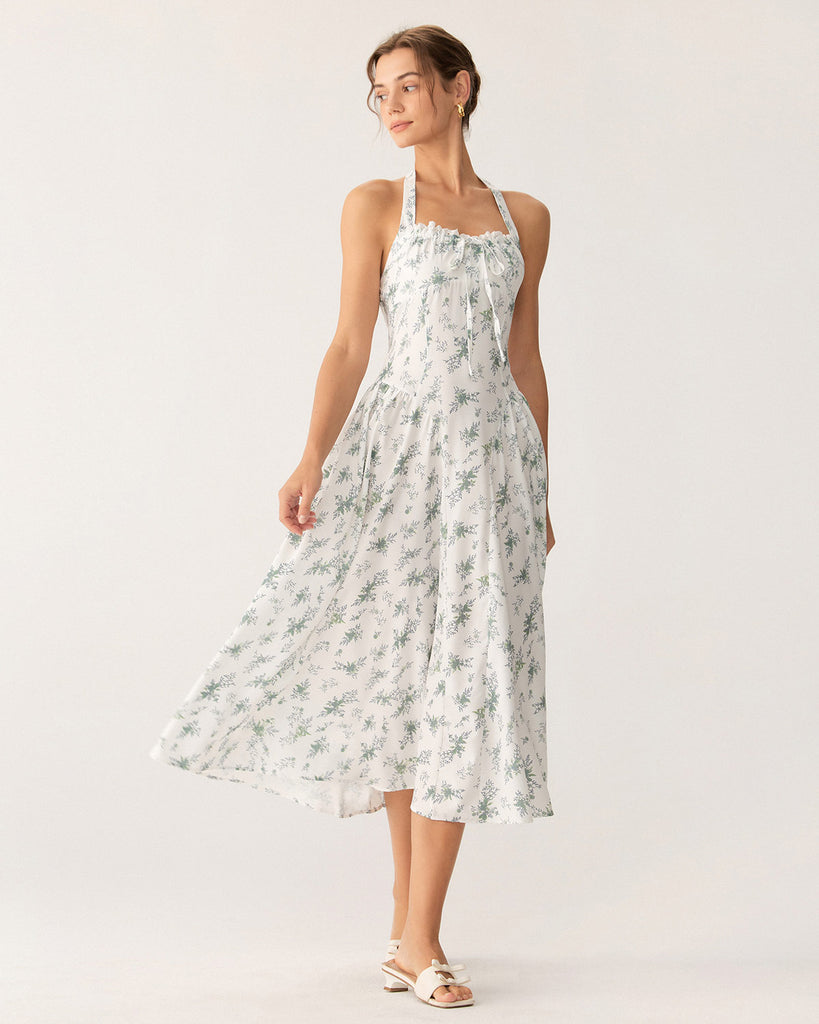 Green Floral Ruched Lace Halter Midi Dress