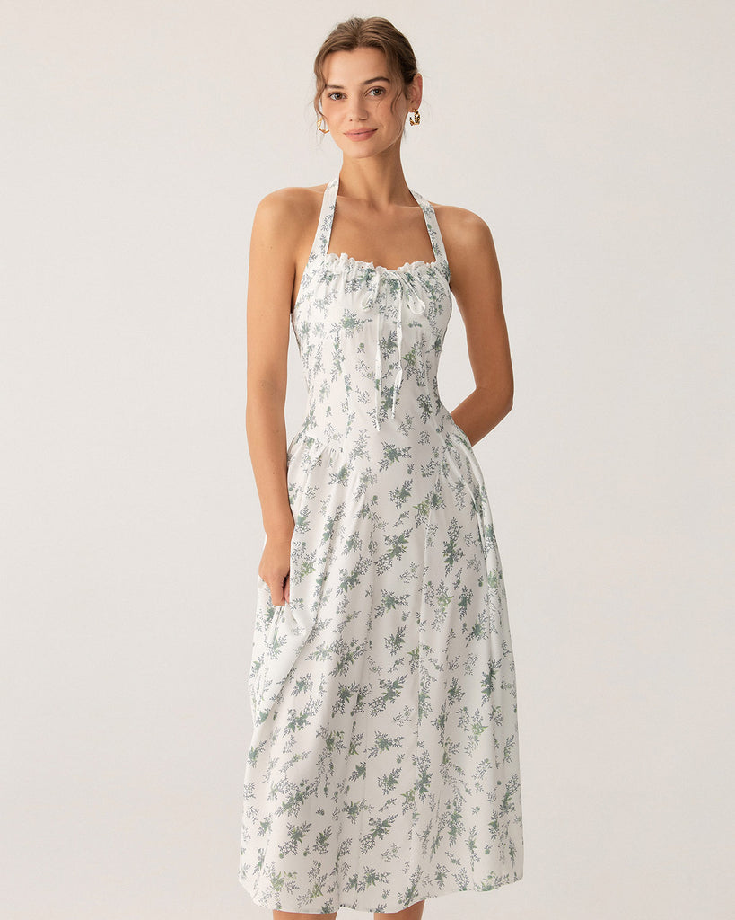 Green Floral Ruched Lace Halter Midi Dress