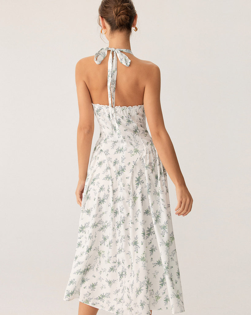 Green Floral Ruched Lace Halter Midi Dress