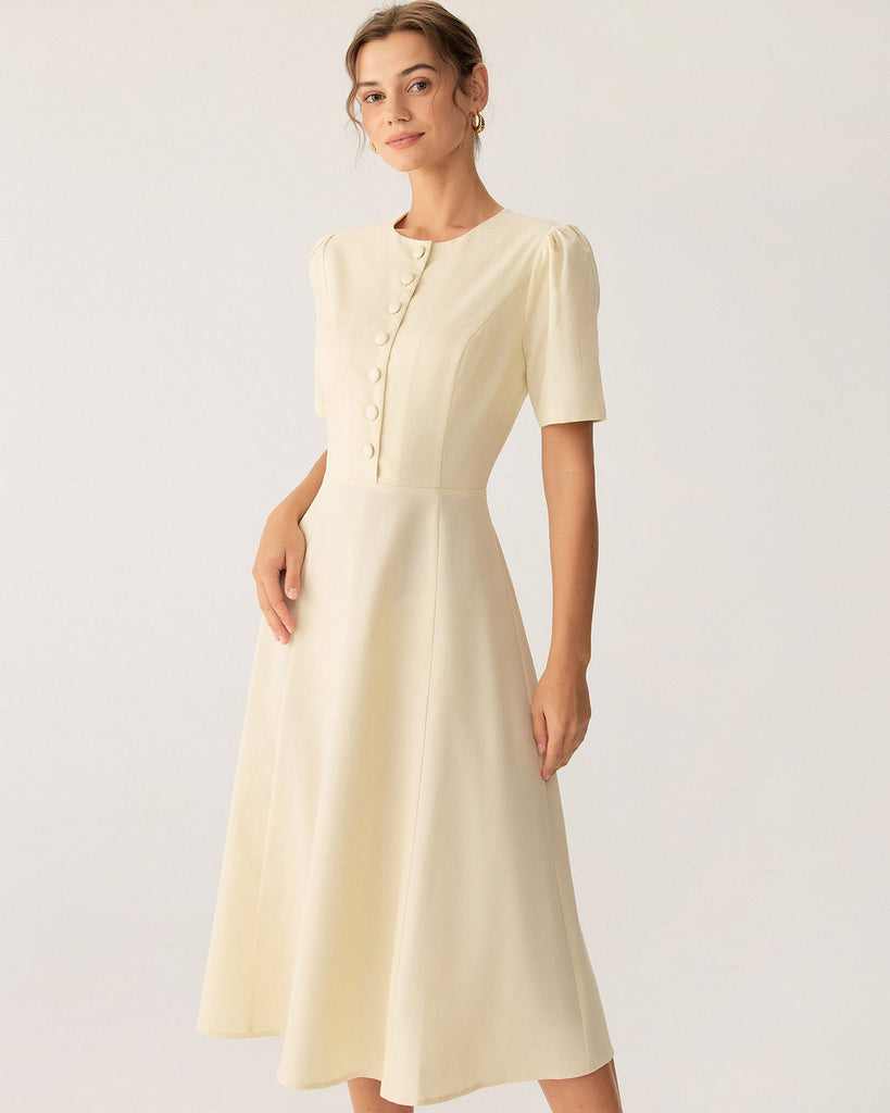 Beige Puffed Sleeve Button Midi Dress