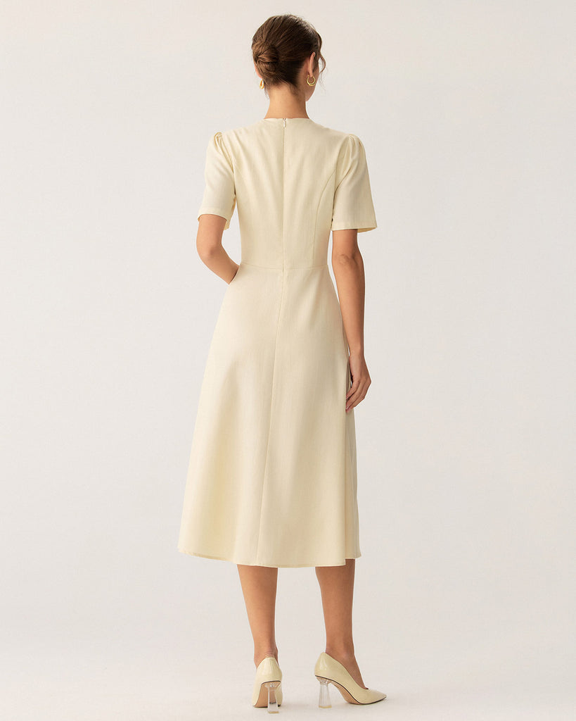 Beige Puffed Sleeve Button Midi Dress