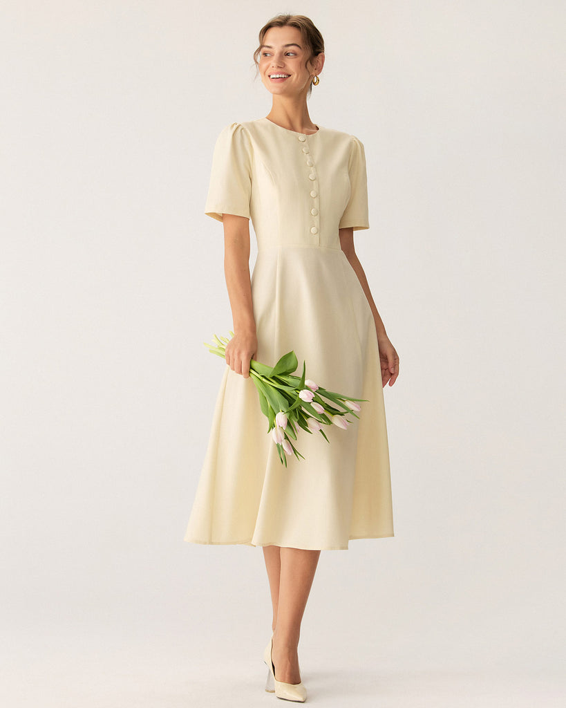 Beige Puffed Sleeve Button Midi Dress