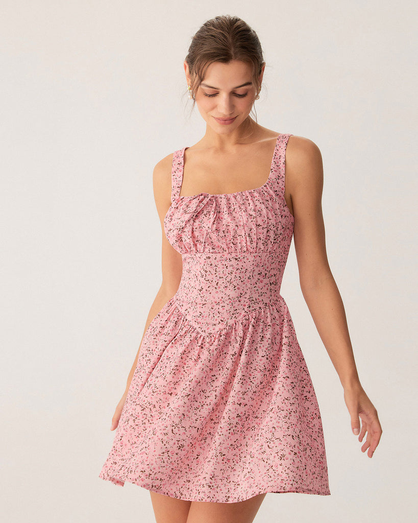 Pink Floral Ruched Corset Slip Mini Dress