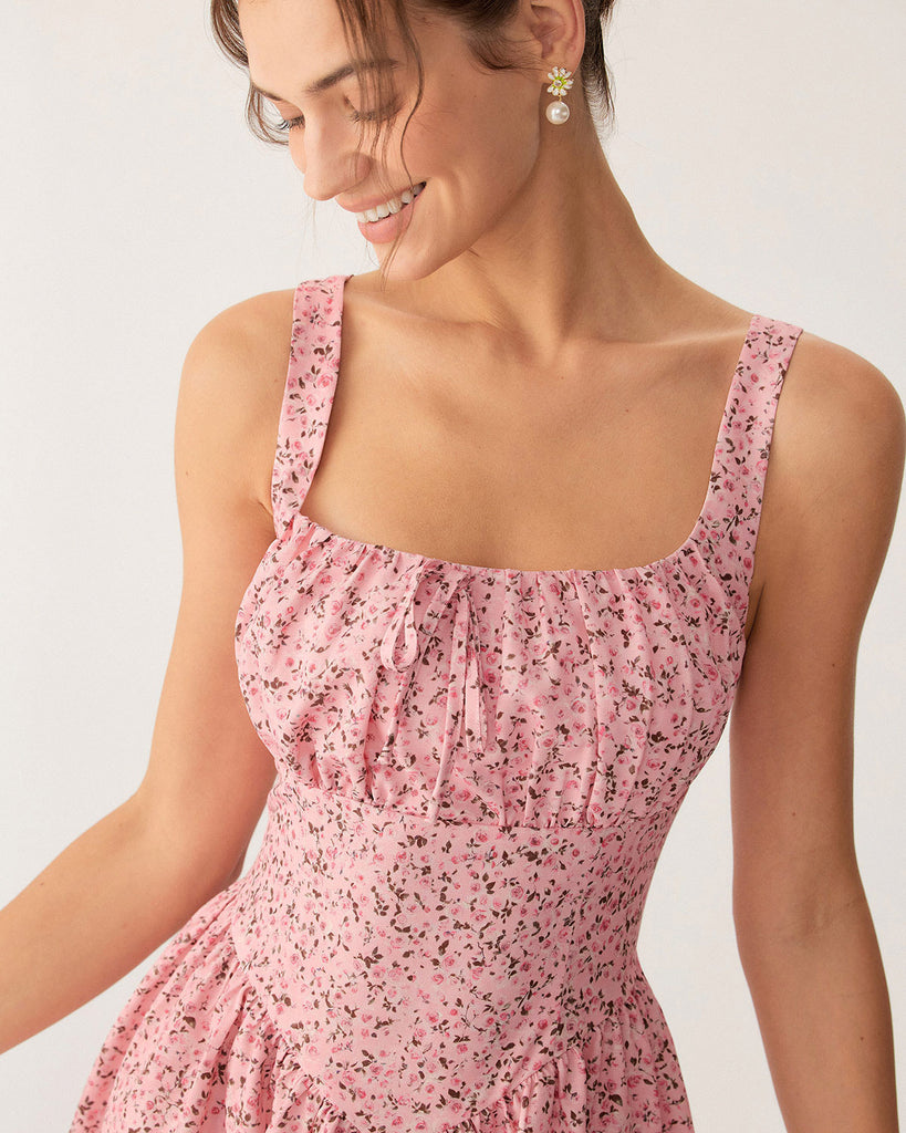 Pink Floral Ruched Corset Slip Mini Dress