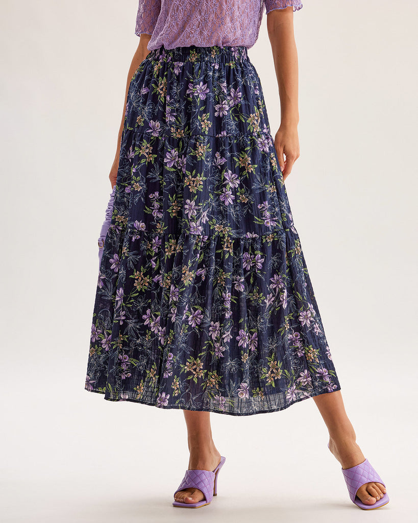 Black Floral Elastic Waist Midi Skirt
