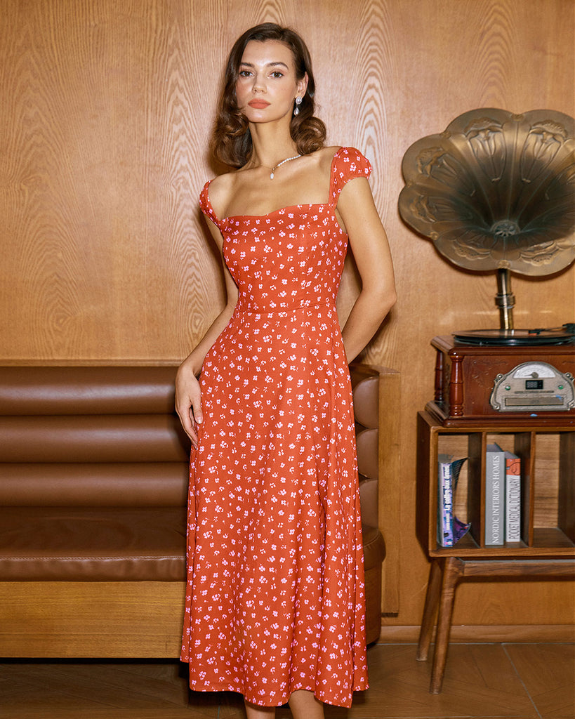 Red Floral Sweetheart Neck Cap Sleeve Midi Dress