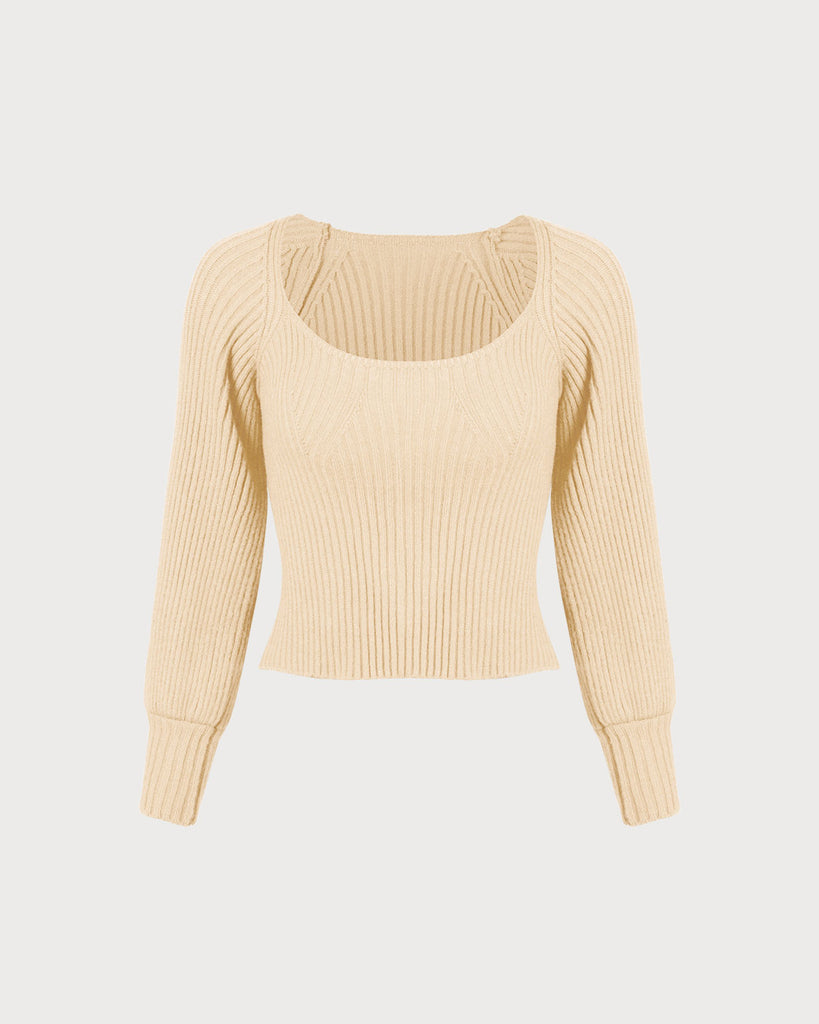 The Beige Scoop Neck Lantern Sleeve Sweater