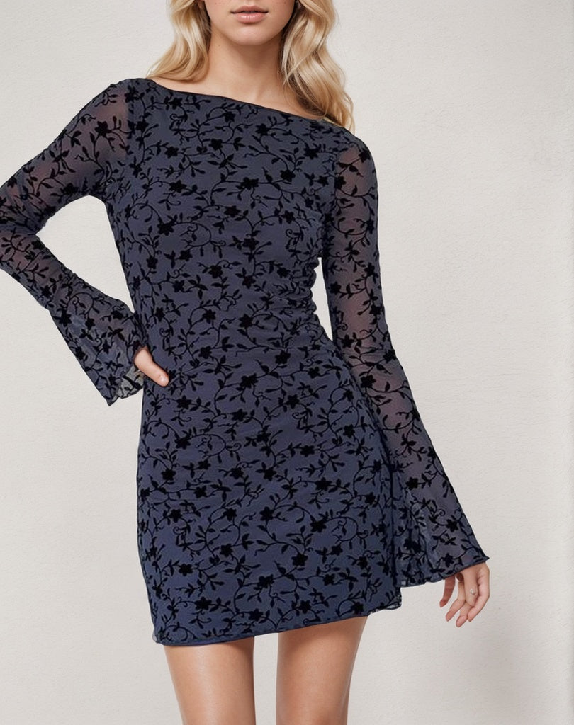 Women's Blue See-through Long Sleeve Mini Dress