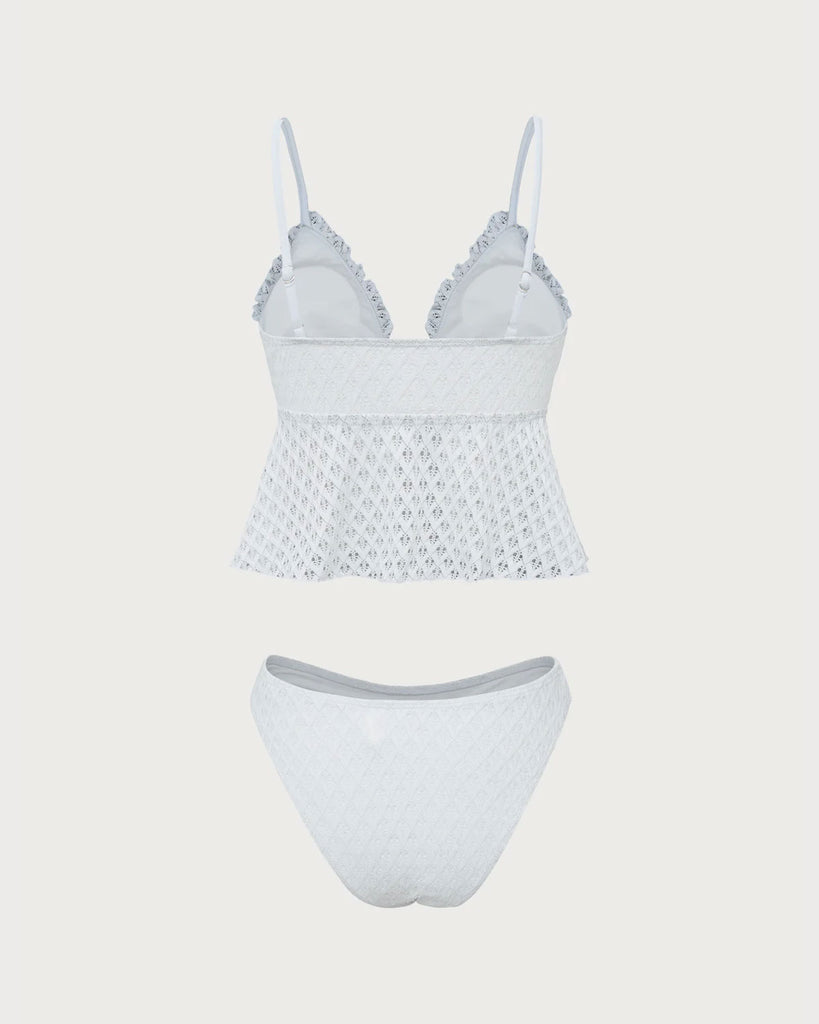 White Mesh Hollow Tankini Swimsuit