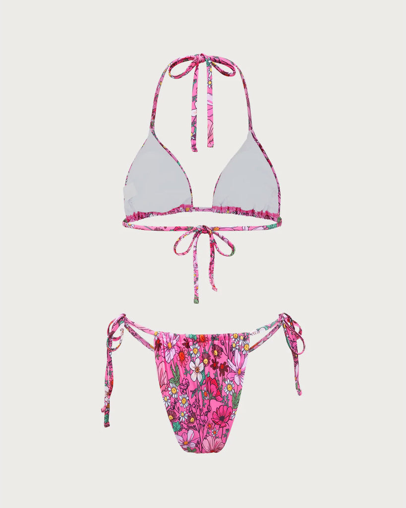 Pink Floral Drawstring Halter Bikini Set