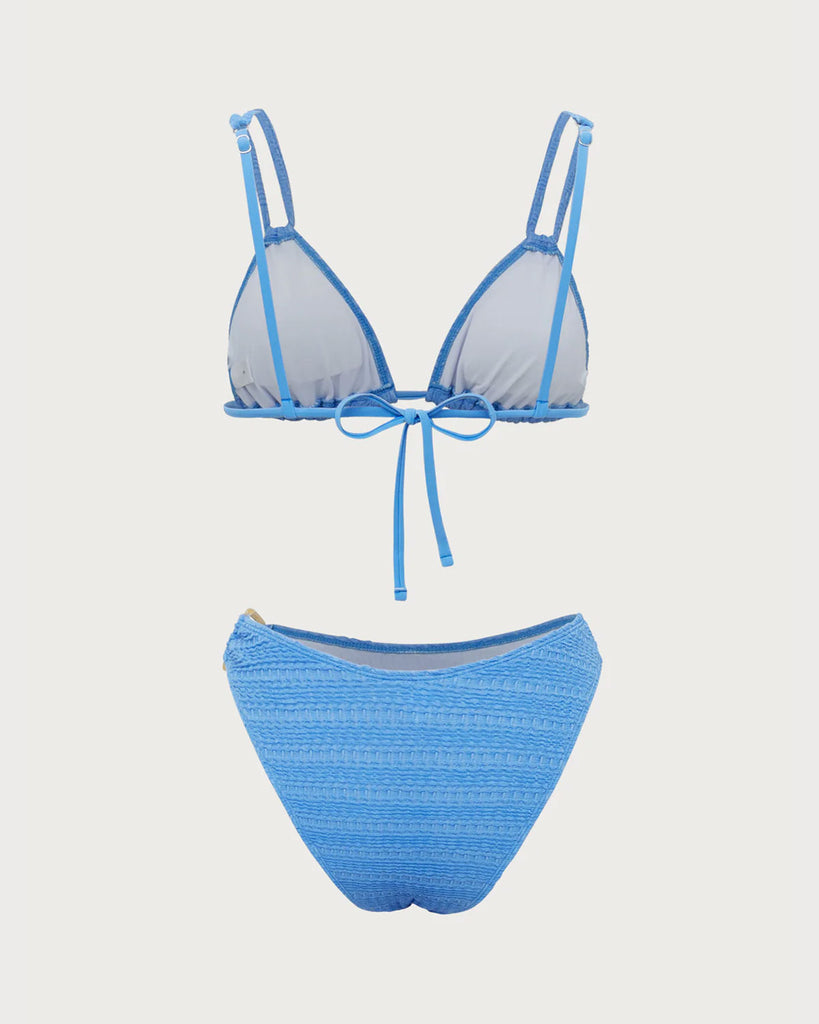 Blue Textured Double Strap Bikini Set