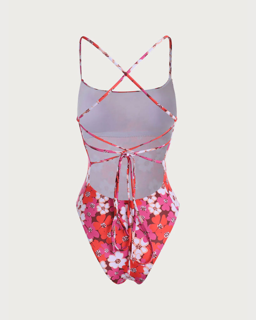 Red Floral Tie-back One-Piece Swimwear