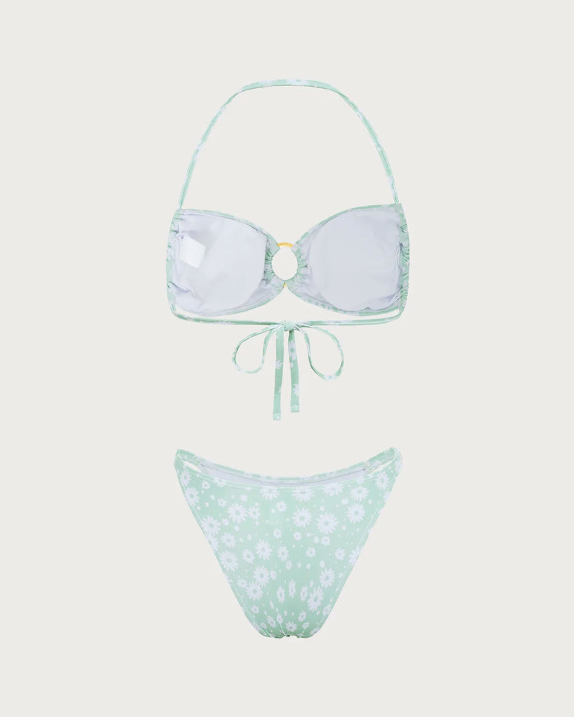 Green Floral O-Ring Halter Bikini Set