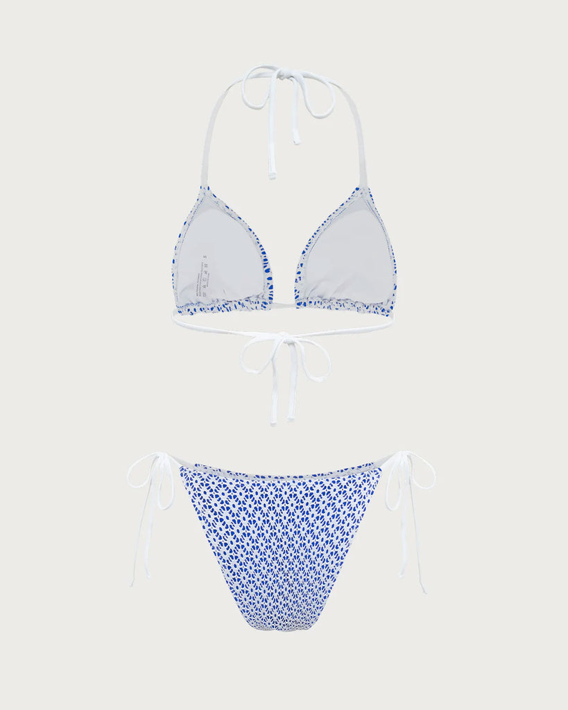 Blue Geometric Triangle Drawstring Bikini Set