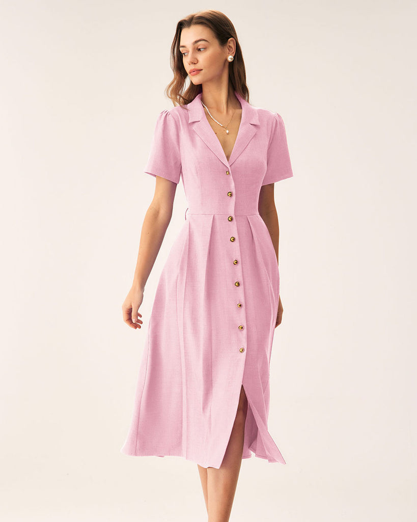 Pink V Neck Pleated Button Midi Dress