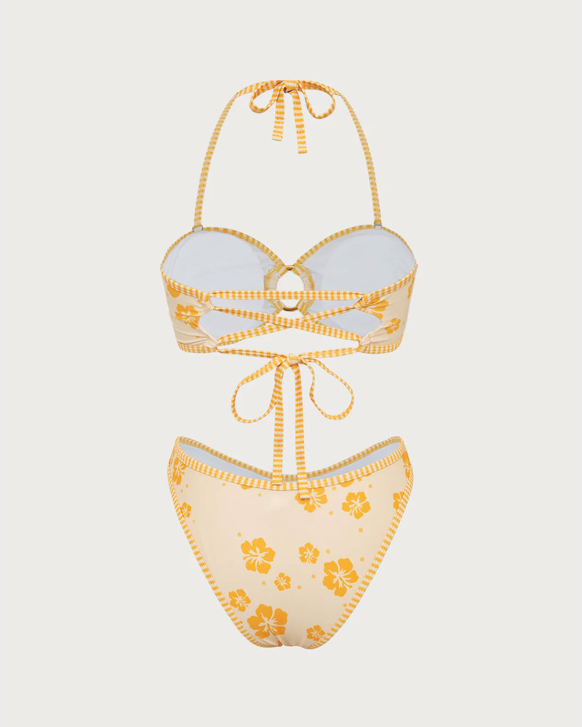 Yellow Floral Contrast Hoop Bikini Set