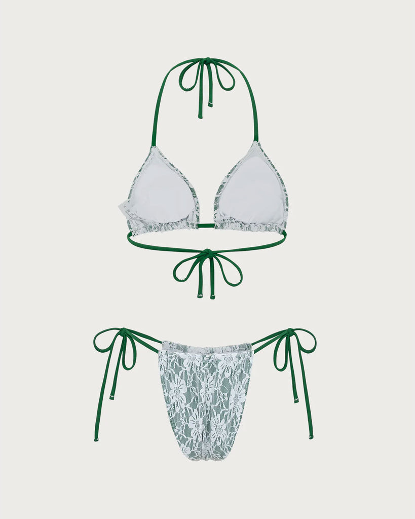 Green Floral Lace Bikini Set