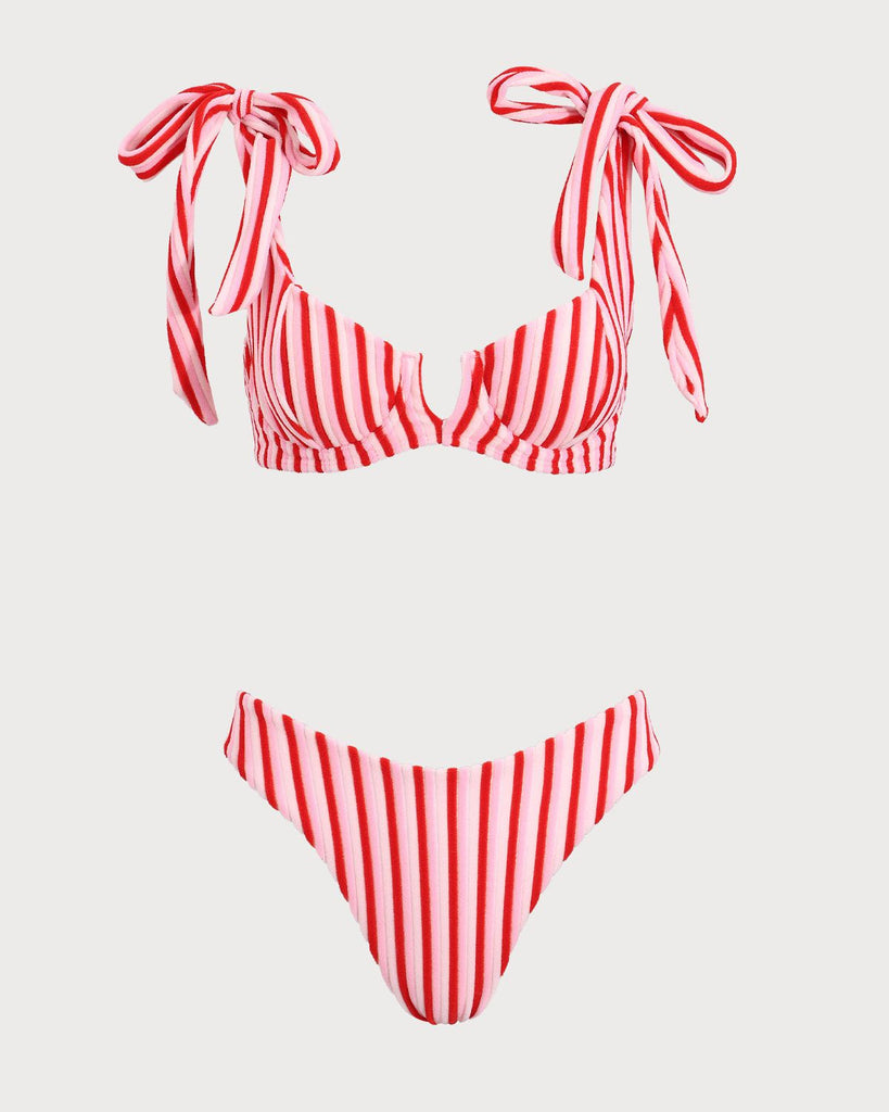 Pink Striped Tie Strap Bikini Set