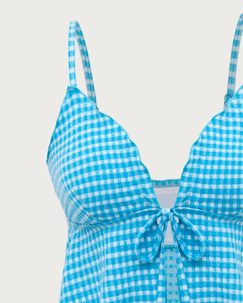 Blue Plaid Tie-Front Tankini Swimsuit