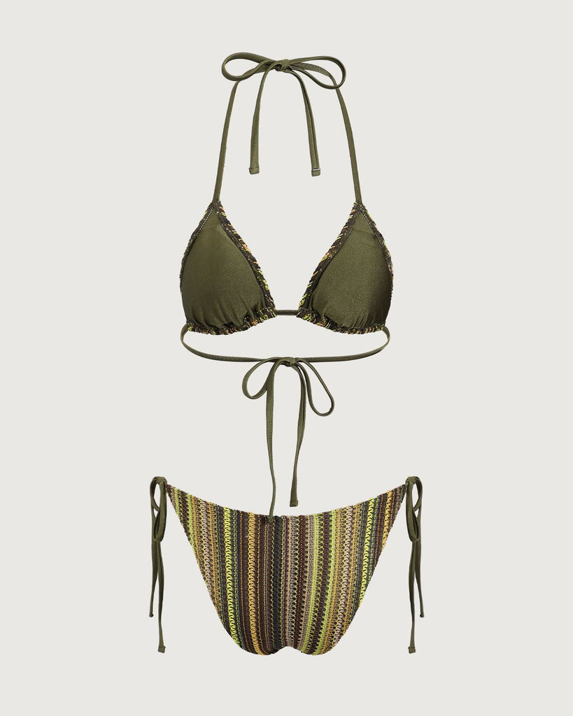 Green Striped Halter Triangle Bikini Set