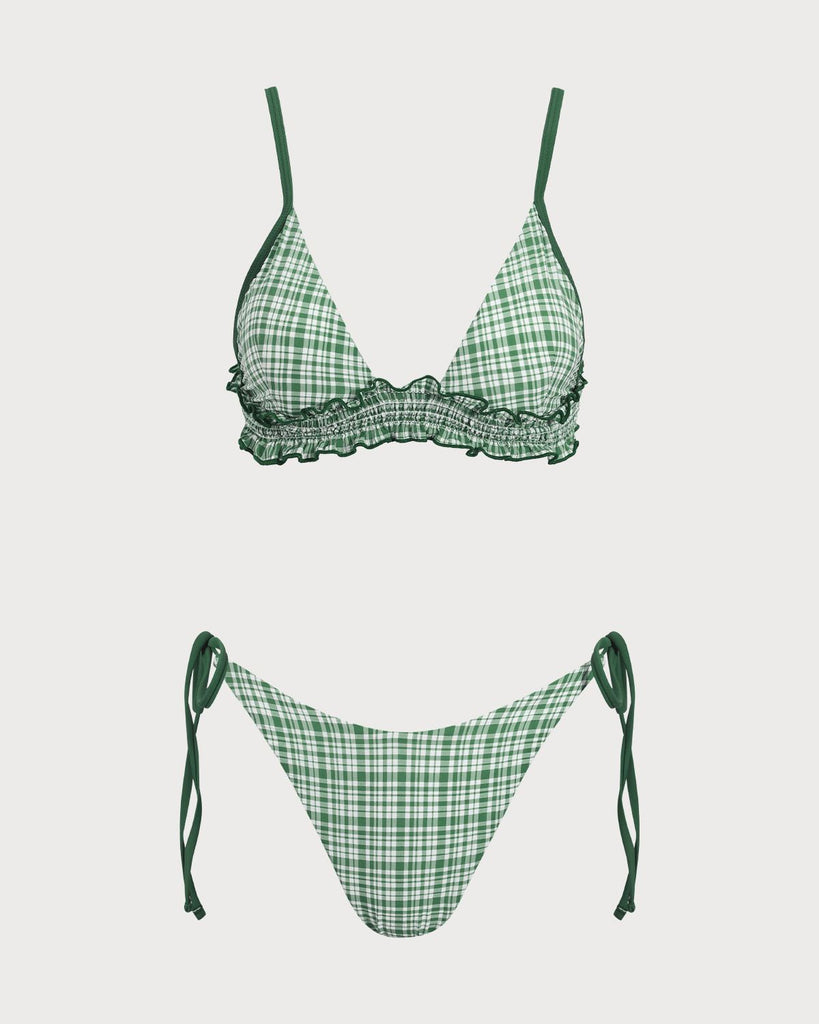 Green Contrast Plaid Wrinkled Bikini Set