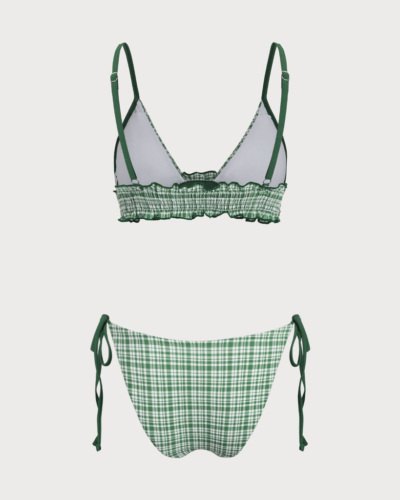 Green Contrast Plaid Wrinkled Bikini Set