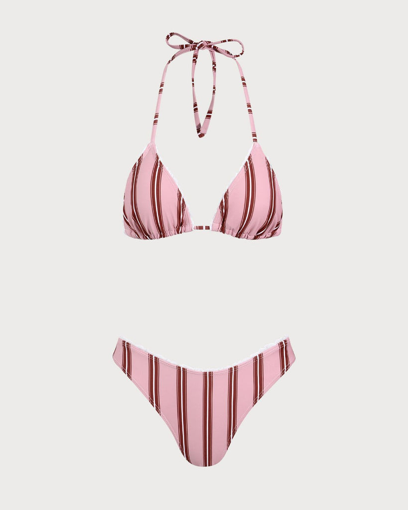 Pink Striped Ruffle Halter Bikini Set