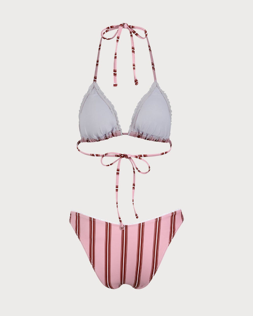 Pink Striped Ruffle Halter Bikini Set