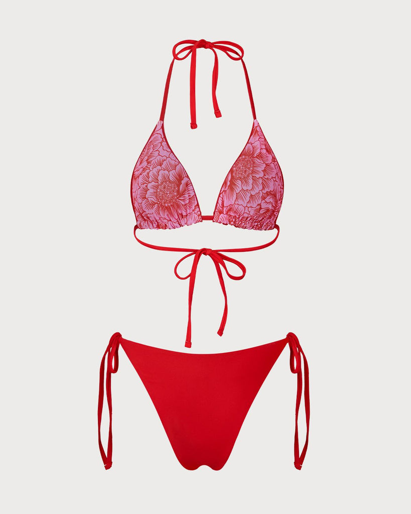 Red Floral Reversible Bikini Set